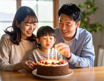誕生日ケーキのロウソクを吹き消す家族 誕生日ケーキのロウソクを吹き消す家族の写真