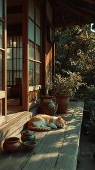 日本の軒先で眠る猫の写真