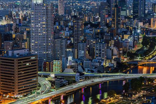都市夜景 ステーションワン,淀屋橋,大阪の写真素材