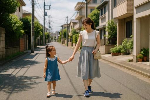 母と娘が住宅街で穏やかな散歩 母と娘が住宅街で穏やかな散歩の写真