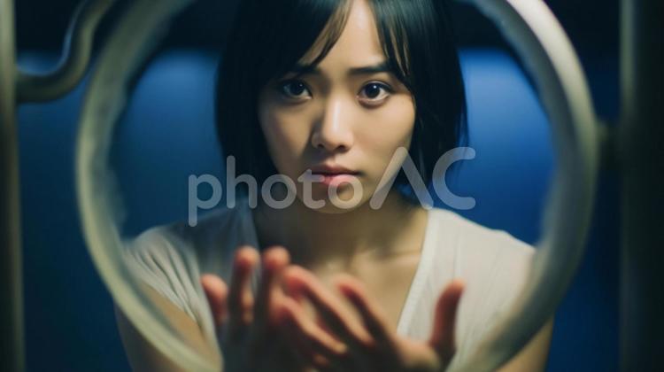 鏡に映った自分と向き合う女性１５ 女性,鏡,ミラーの写真素材