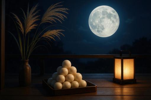 縁側に置かれたお月見団子と満月の写真
