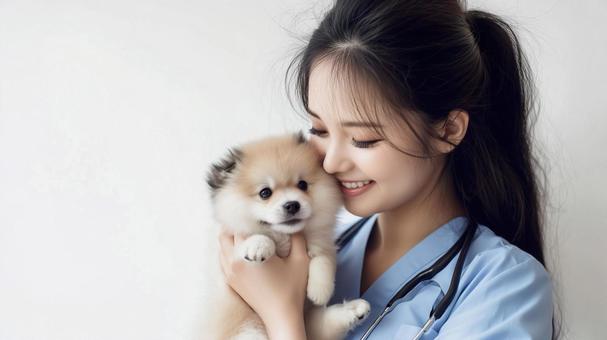 子犬を抱き優しく微笑む女性獣医師 子犬を抱き優しく微笑む女性獣医師の写真
