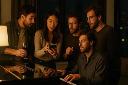 夜のピアノとスマホの集まりの写真