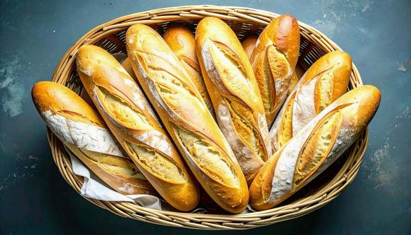 籠に入ったフランスパン 籠に入ったフランスパンの写真