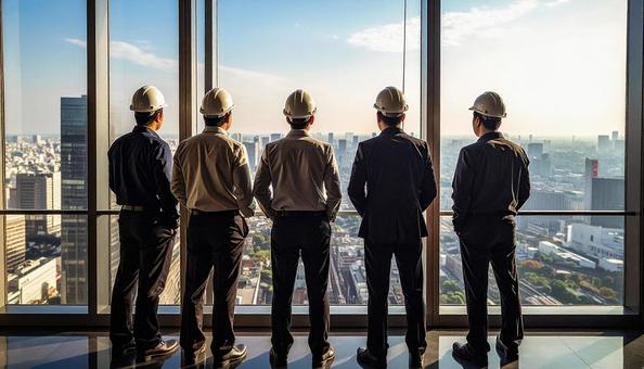 窓から街を見つめる建設作業員 窓から街を見つめる建設作業員の写真