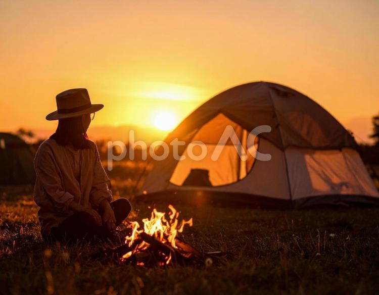 夕焼けに照らされた幻想的な秋キャンプ 夕焼け,テント,焚き火の写真素材