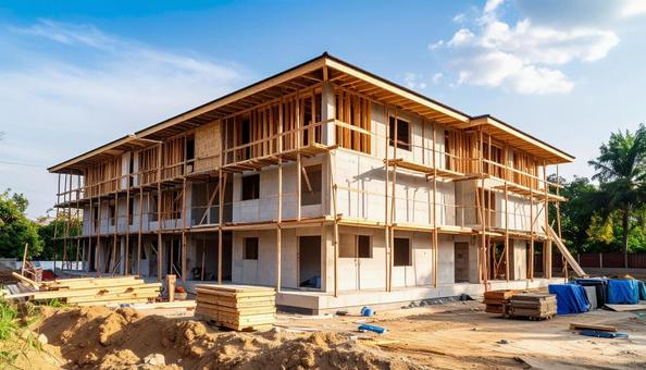 建設中のビルの屋上 青空 建設中のビルの屋上 青空の写真
