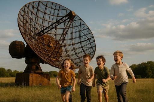 巨大アンテナと笑顔の子供達 巨大アンテナと笑顔の子供達の写真