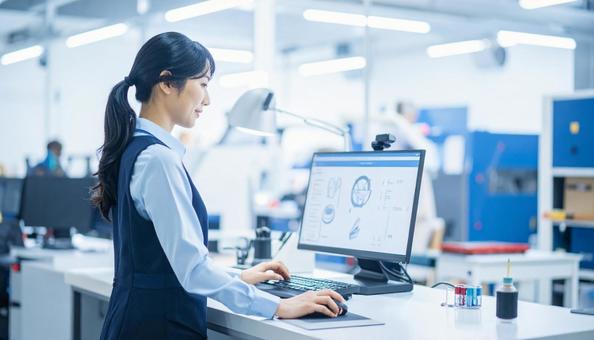 工場の三次元測定機を使う作業服の女性 工場の三次元測定機を使う作業服の女性の写真