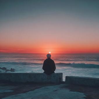 瞑想的な雰囲気の夕暮れのビーチ風景 瞑想的な雰囲気の夕暮れのビーチ風景の写真
