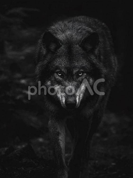 闇夜に潜む野生の雄々しさ オオカミ,黒白,白黒の写真素材