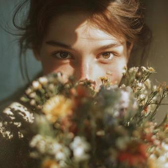 花束で口元を隠した外国人女性 花束で口元を隠した外国人女性の写真