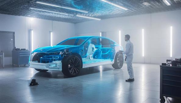 車にホログラムを投影する整備工場の写真