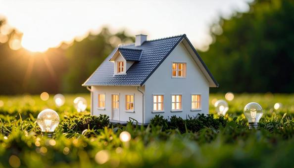 省エネのイメージ 電球とミニチュアの家 省エネのイメージ 電球とミニチュアの家の写真