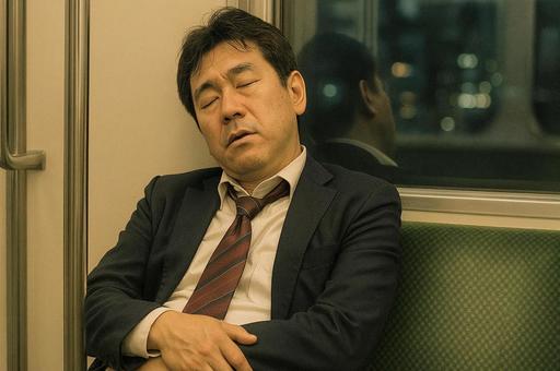 電車で寝ているサラリーマン 電車で寝ているサラリーマンの写真