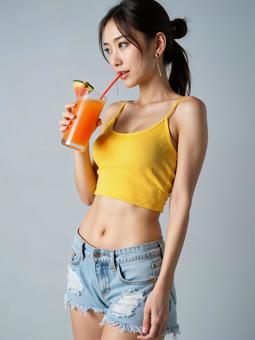 夏らしい飲み物を楽しむ女性(AI生成) 夏らしい飲み物を楽しむ女性(AI生成)の写真