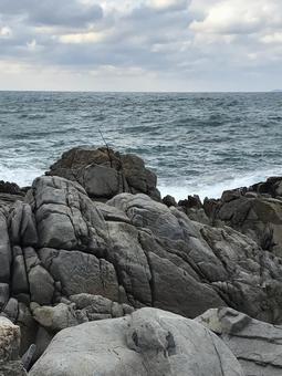 荒れた磯 岩,鳥,海辺の写真素材