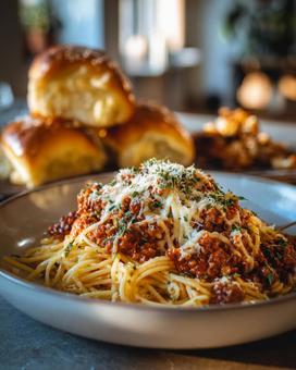 食欲をそそるボロネーゼパスタの写真