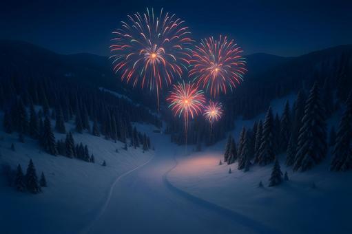 雪山に舞う花火の写真