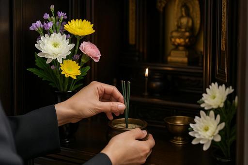仏壇に花や線香を供える手元の写真