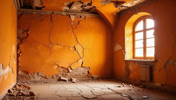 ヒビ割れた壁の洋風建物の室内写真 ヒビ割れた壁の洋風建物の室内写真の写真