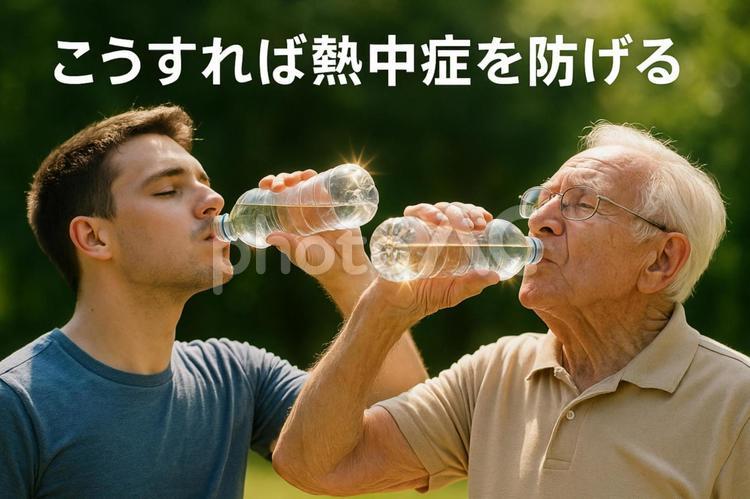屋外で水分補給する男性と高齢者 男性,高齢者,猛暑の写真素材