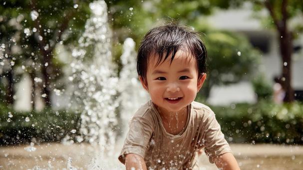 公園で水遊びをする2歳の男の子 公園で水遊びをする2歳の男の子の写真