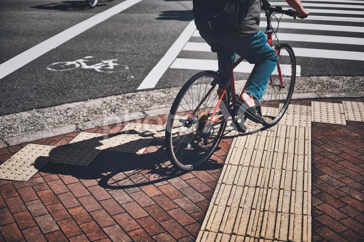 横断歩道の手前で停車する自転車に乗る人 横断歩道,停車,自転車の写真素材