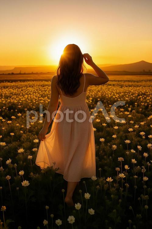 夕日の花畑を歩く女性 女性,花,花畑の写真素材