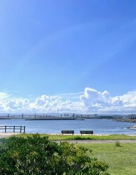 ベンチに座って海を見る ベンチに座って海を見る 福島県,いわき市,小名浜の写真素材