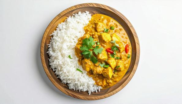 木製プレートに盛り付けられたカレーライス 木製プレートに盛り付けられたカレーライスの写真