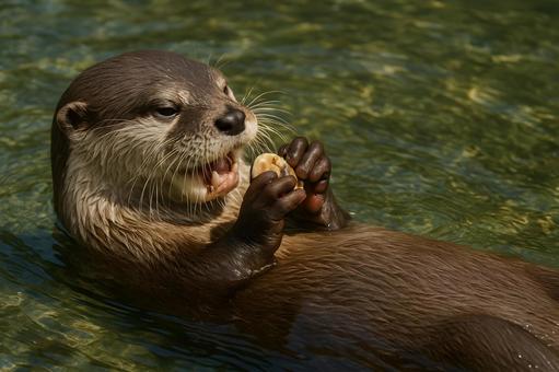 貝を食べるカワウソ 貝を食べるカワウソの写真