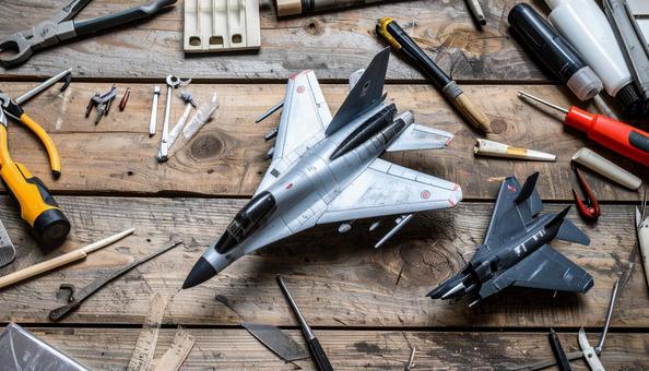 木のテーブルの上の古い戦闘機のプラモデル 木のテーブルの上の古い戦闘機のプラモデルの写真