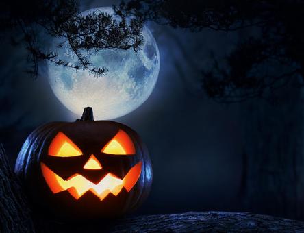 森の中のハロウィンのカボチャのランタンの写真