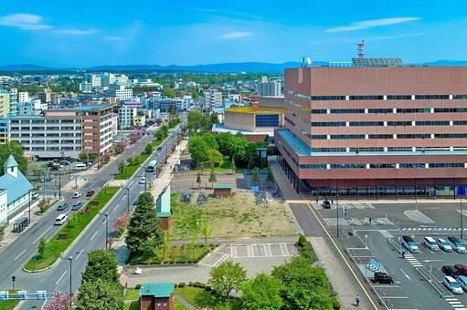 すっきりと晴れ渡る旭川の市街地風景 旭川,街並,市役所の写真素材