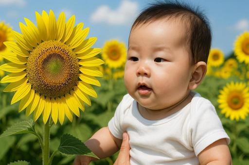 夏のひまわり畑と赤ちゃん・ベビー・季節感 夏のひまわり畑と赤ちゃん・ベビー・季節感の写真