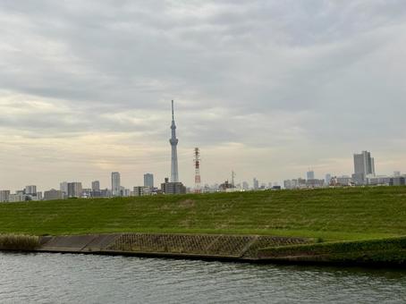 堀切水辺公園 荒川の河川敷 堀切水辺公園 荒川の河川敷 堀切,河川敷,橋の写真素材