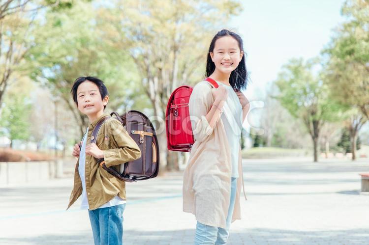 新緑と男女の小学生 小学生,子供,夏の写真素材