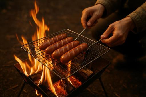 ウィンナーを焼く焚き火料理の写真