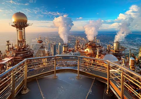 スチームパンク風の高層街並みの写真