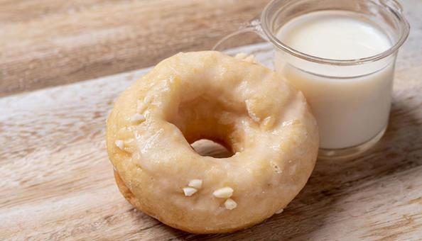 Milk and donut snack, wood grain table, snack, donut, milk, JPG