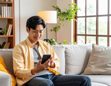 自宅でスマホを操作する男性 自宅でスマホを操作する男性の写真