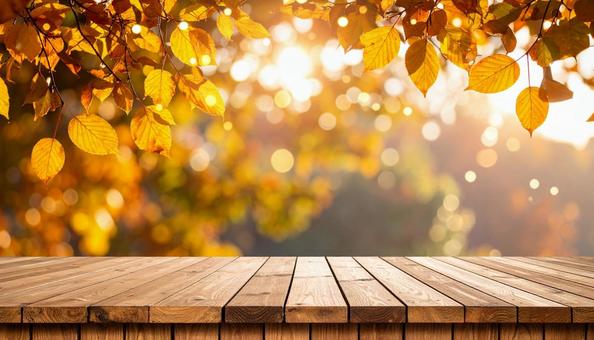 秋の紅葉と木のテーブル素材 秋の紅葉と木のテーブル素材の写真