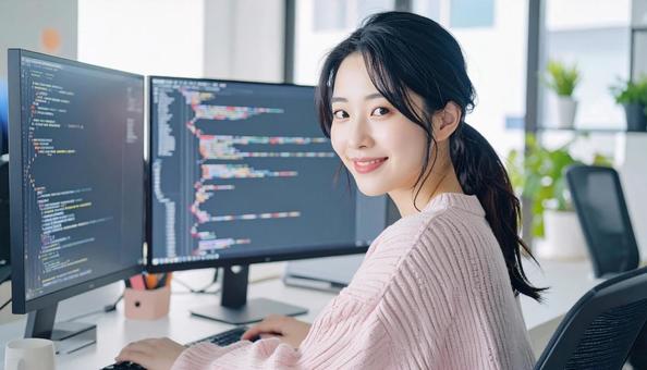 プログラミングをする女性エンジニア プログラミングをする女性エンジニアの写真