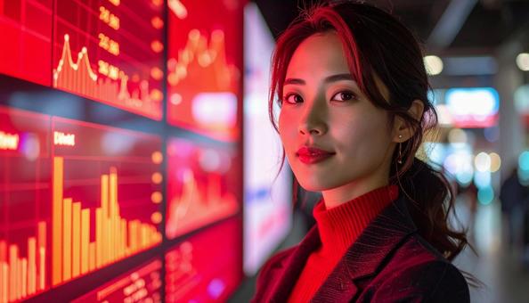 ディルプレイのチャートの前に立つ女性社員の写真