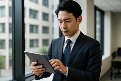 タブレットを操作する男性 タブレットを操作する男性の写真