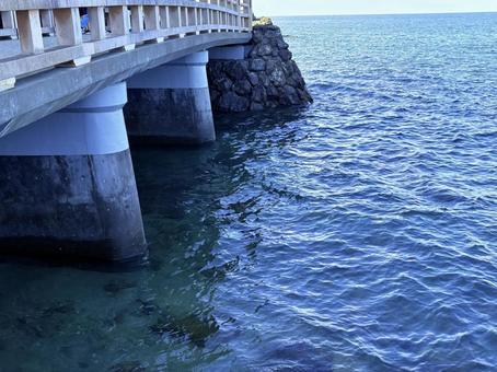 透き通る海と橋の脚部のある風景の写真