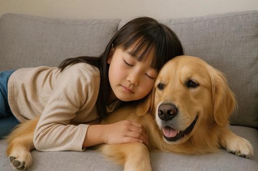 犬と寝ている女の子 犬と寝ている女の子の写真