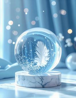 夢幻の輝き：水晶玉に舞う白銀の羽根の写真